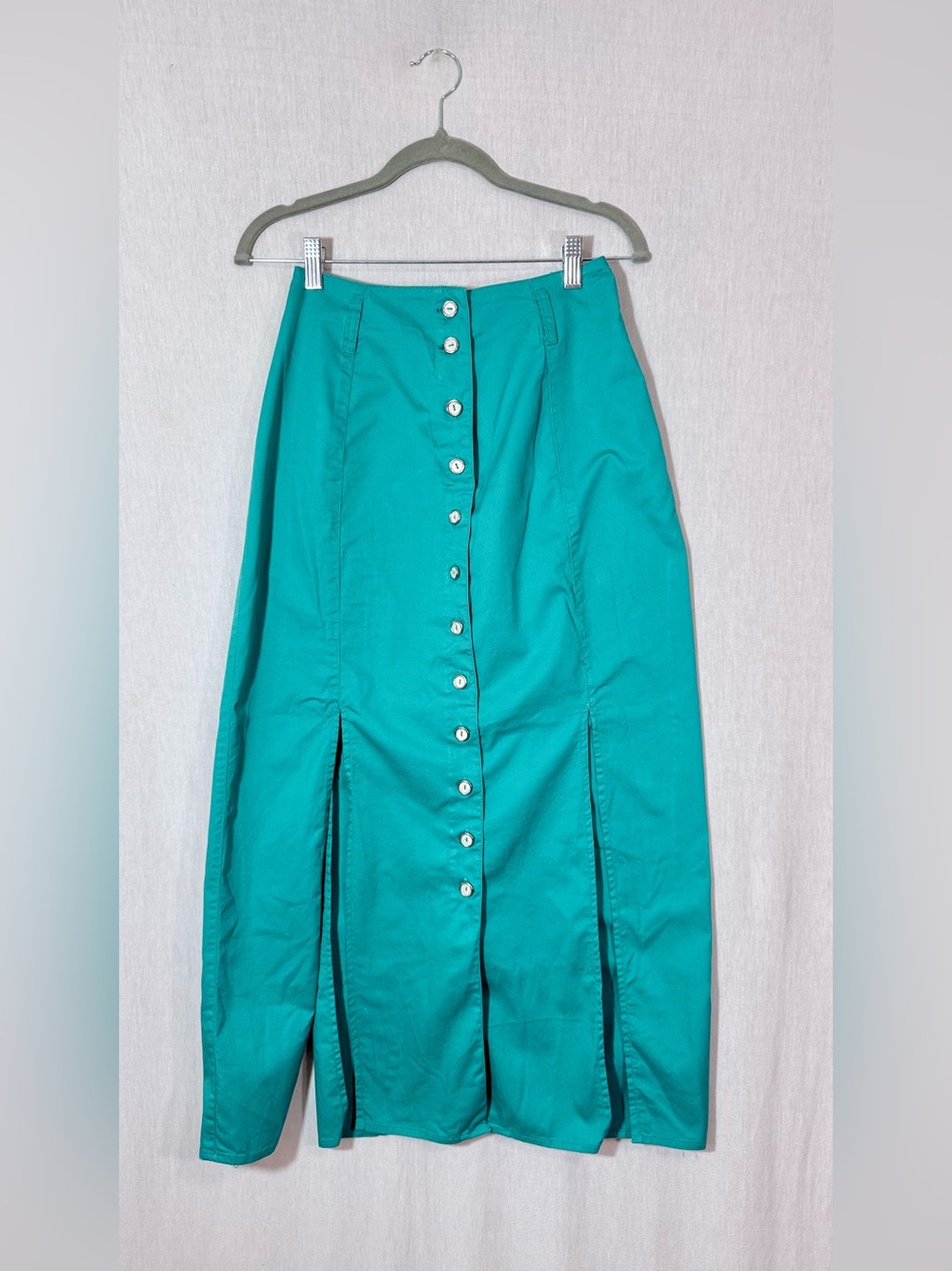 True Vintage Everblue M 100% cotton Teal Button-Front Midi panel Skirt